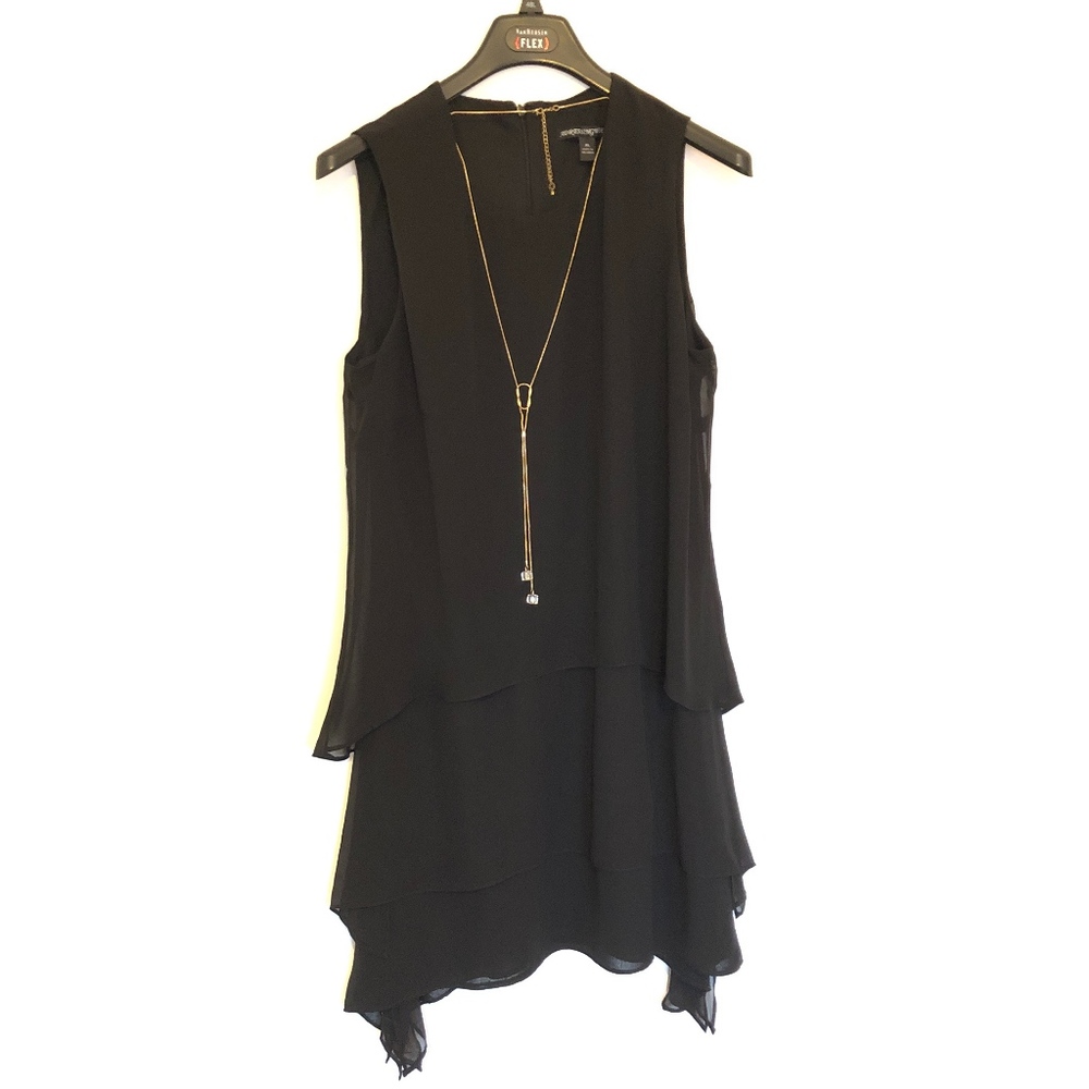 Women's Black Tiered Dress with Attached Necklace